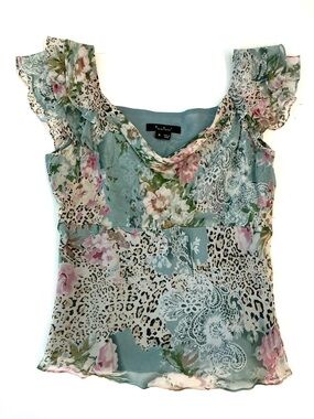 ECI New York, 100% Silk Top featuring Leopard Print & Florals, Vintage Y2K, Sz 6